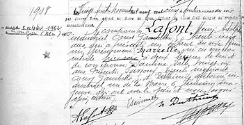 1905.11.23 - Birth certificate for Marcelle Lafont.