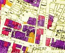 London Blitz bomb damage map, c. 1945. Purple = damaged beyond repair. Scarlet = seriously damaged, doubtful if repairable. Other colours = lower levels of damage.