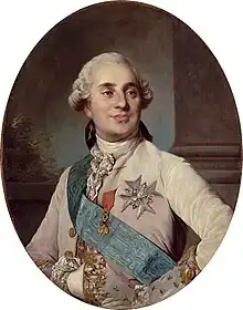 Half-length portrait of a man with a short gray wig and curls over both ears. His cream-colored jacket is decorated with medals and a light blue sash.