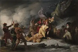A depiction of Montgomery's death. Montgomery's body lies in the snow along with a few others, and he is surrounded by his officers, including men in army uniforms and in hunting garb. A cannon lies broken in the foreground, and snow and gunsmoke swirl around the scene. An Oneida chief stands nearby with a raised tomahawk.